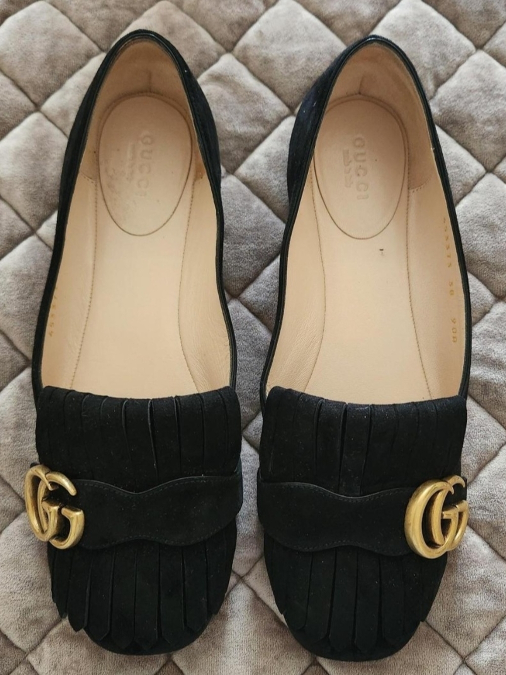 Gucci MARMONT Black Suede Fringe Loafers with Gold GG Buckle